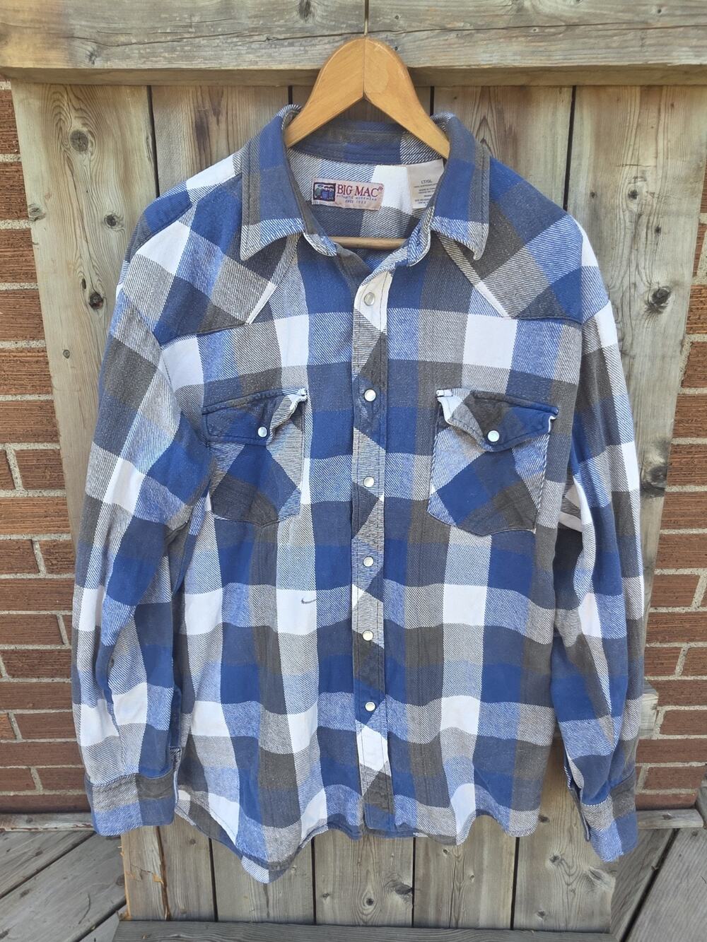 VTG Big Mac Flannel Shirt Pearl Snap Heavy 100% Cotton Blue Plaid Size Large